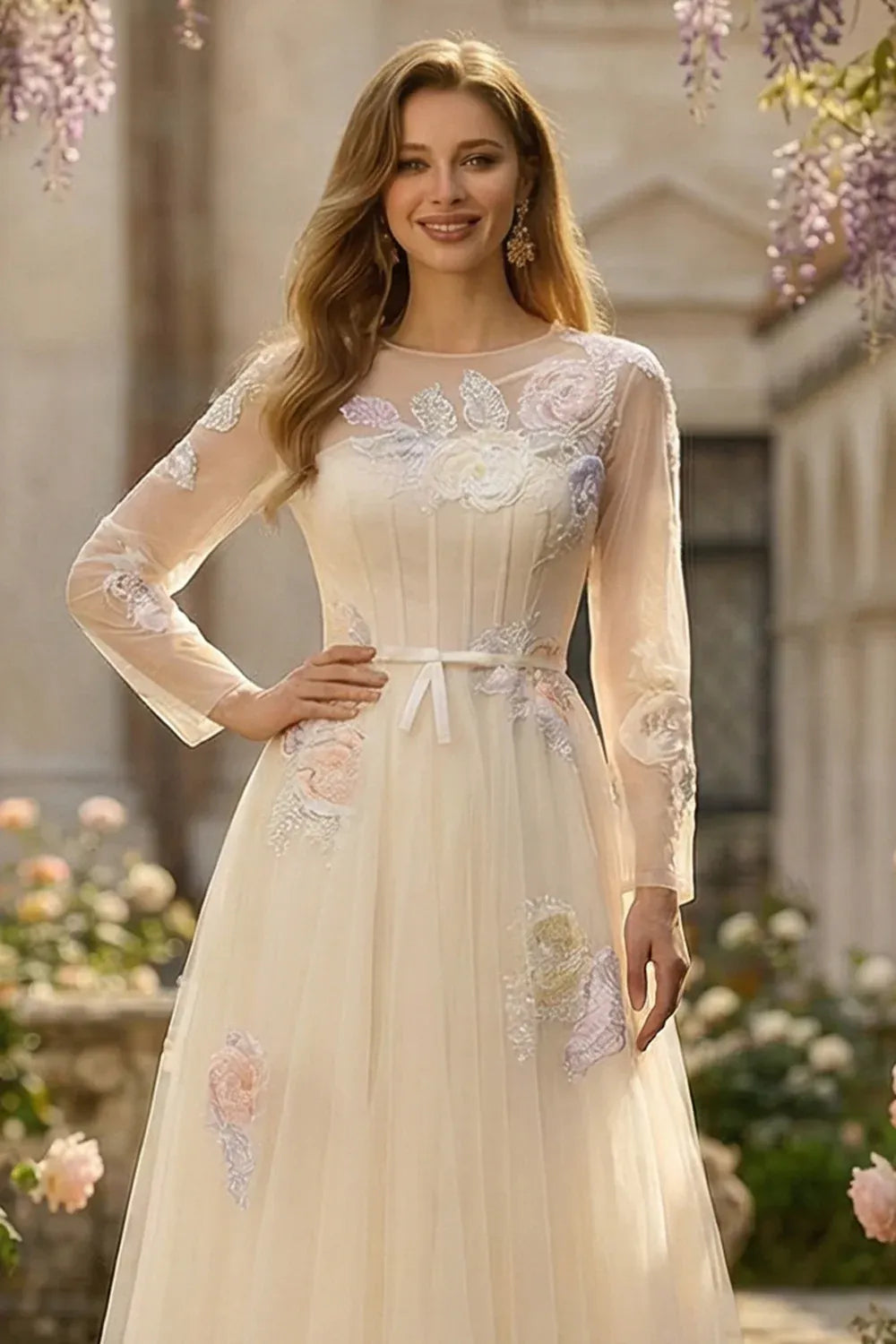Round Neck Long Sleeve Corset Appliqued Champagne Maxi Prom Dress
