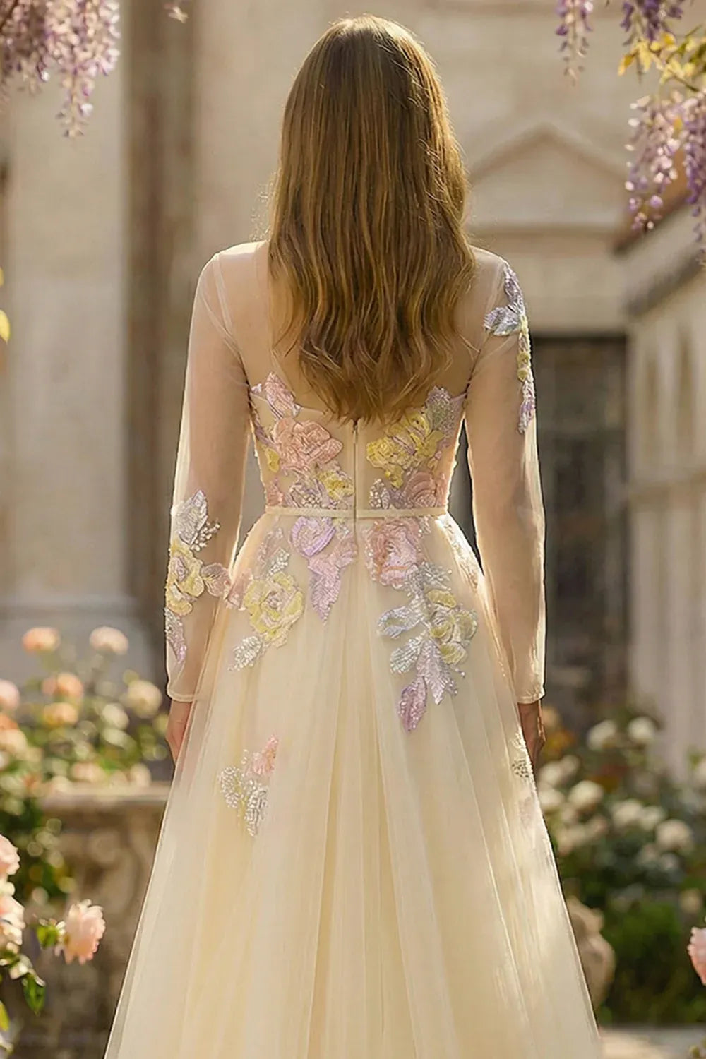 Round Neck Long Sleeve Corset Appliqued Champagne Maxi Prom Dress