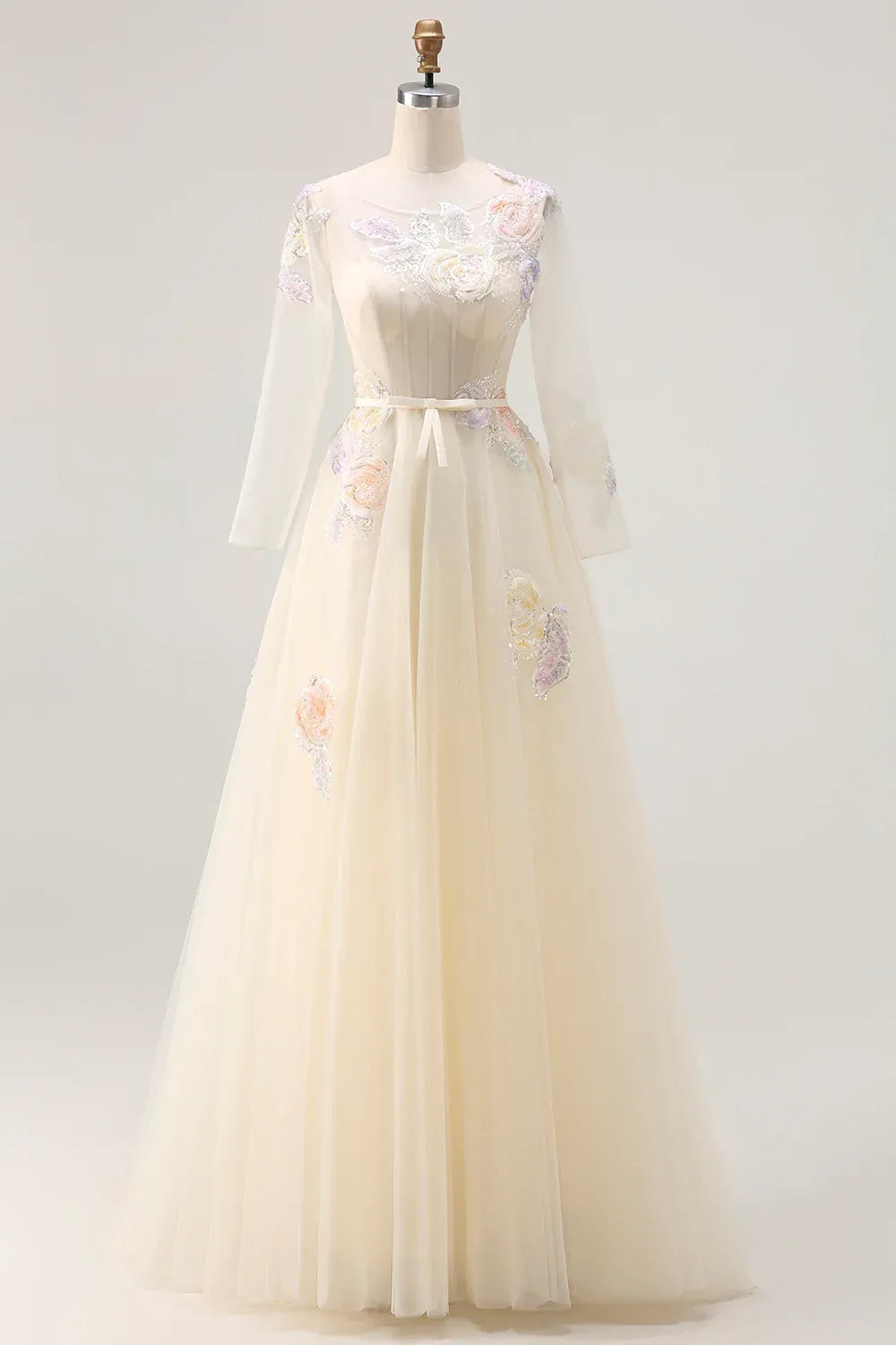 Round Neck Long Sleeve Corset Appliqued Champagne Maxi Prom Dress