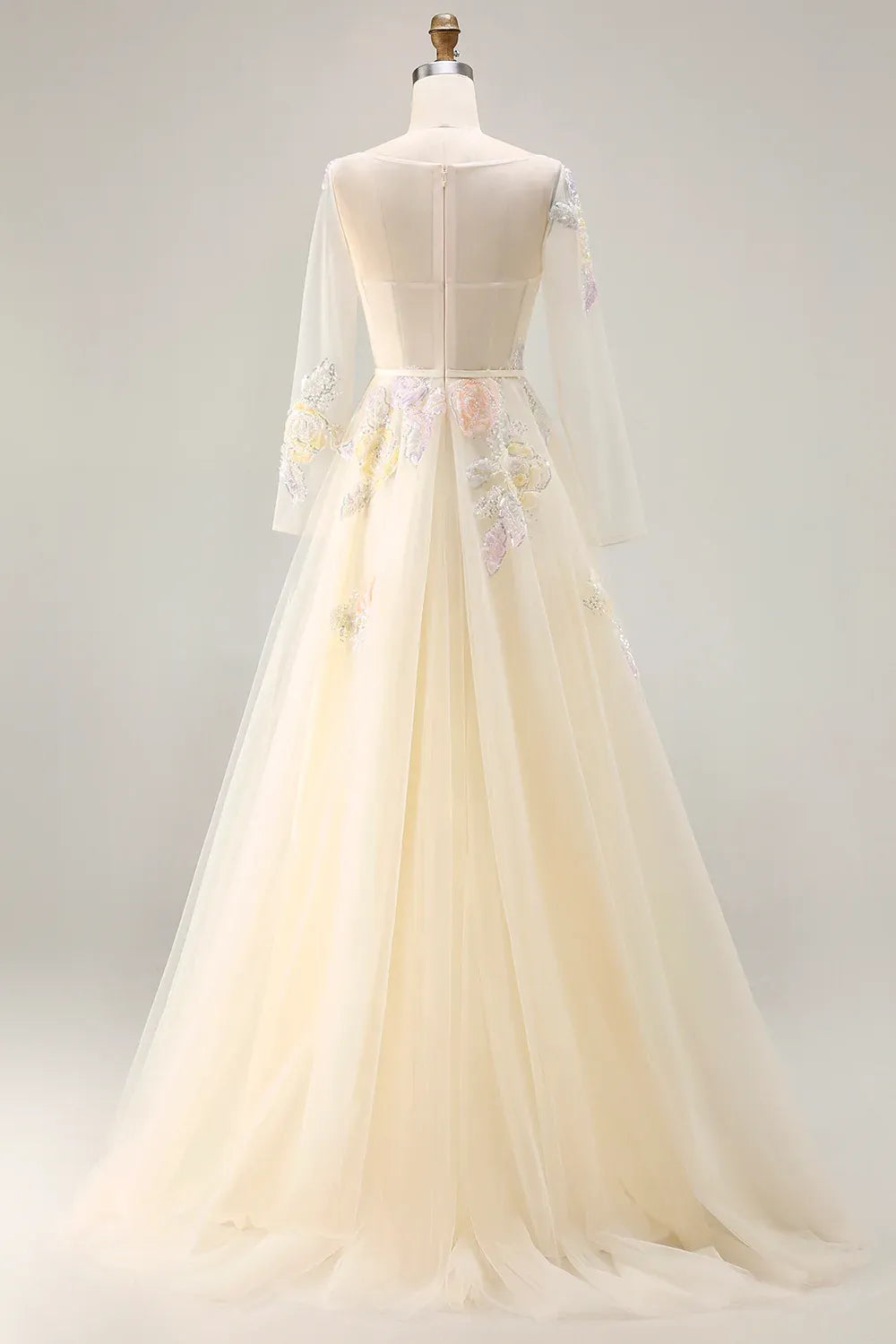 Round Neck Long Sleeve Corset Appliqued Champagne Maxi Prom Dress