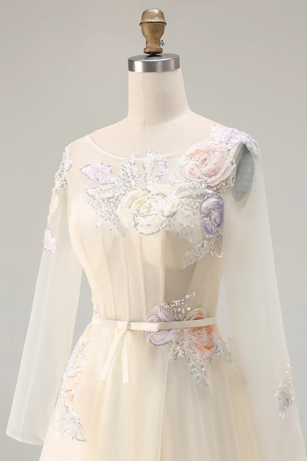 Round Neck Long Sleeve Corset Appliqued Champagne Maxi Prom Dress