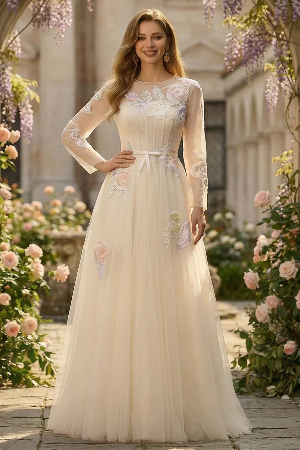 Round Neck Long Sleeve Corset Appliqued Champagne Maxi Prom Dress