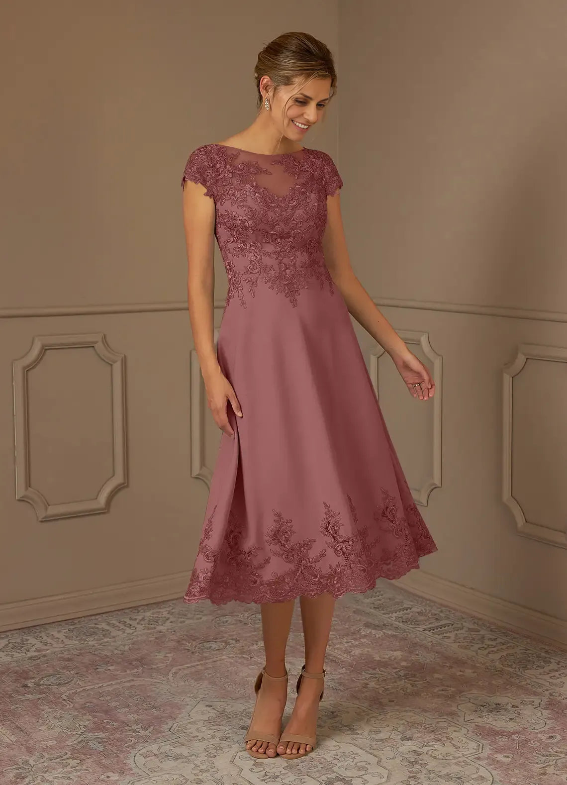 Timeless Chic Elegant Lace A-Line Illusion Midi Mother of the Bride Dress