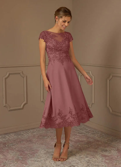 Timeless Chic Elegant Lace A-Line Illusion Midi Mother of the Bride Dress