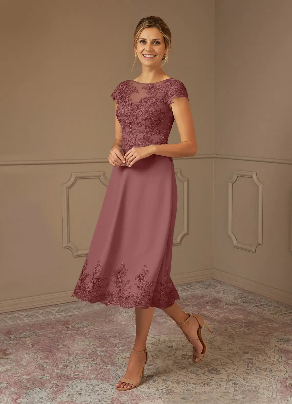 Timeless Chic Elegant Lace A-Line Illusion Midi Mother of the Bride Dress