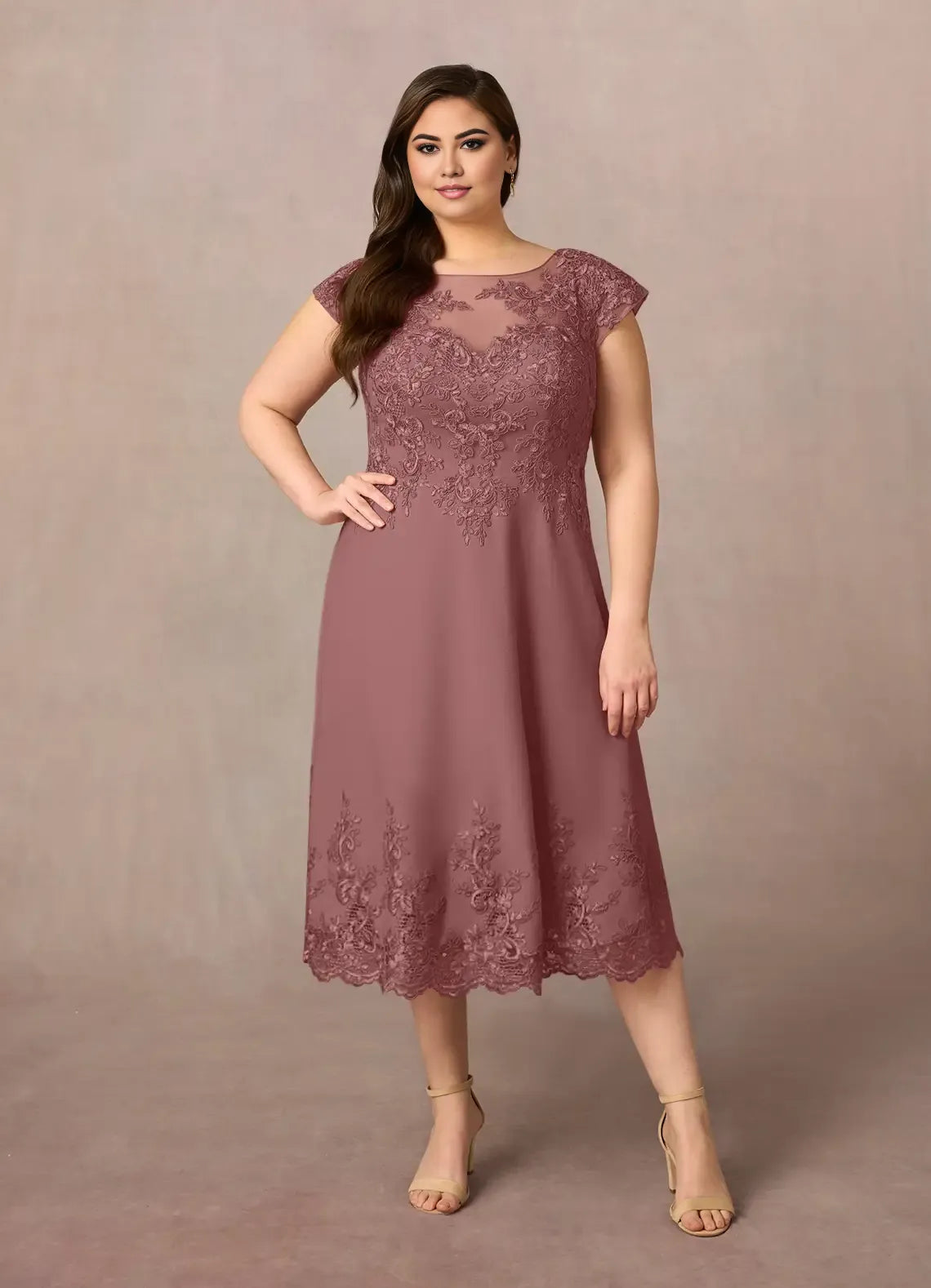 Refined Beautiful Elegant Lace A-Line Illusion Midi Mother of the Bride Dress