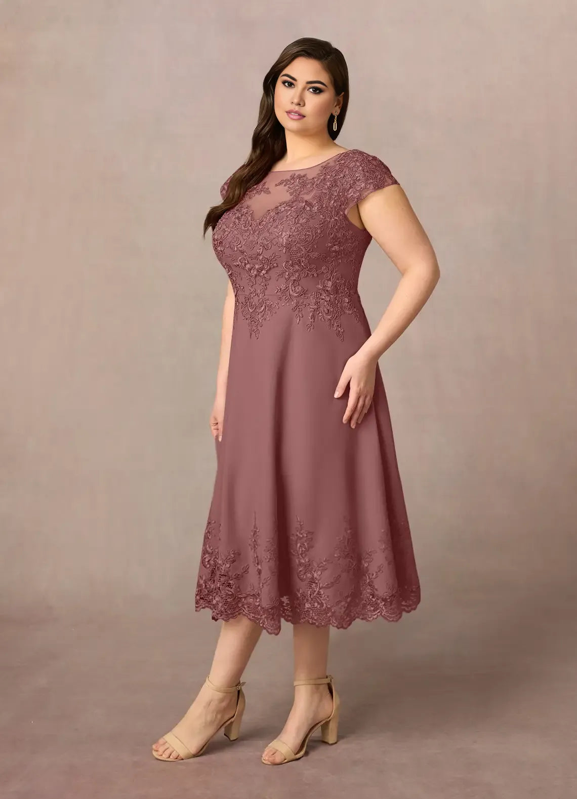 Refined Beautiful Elegant Lace A-Line Illusion Midi Mother of the Bride Dress