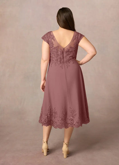 Refined Beautiful Elegant Lace A-Line Illusion Midi Mother of the Bride Dress