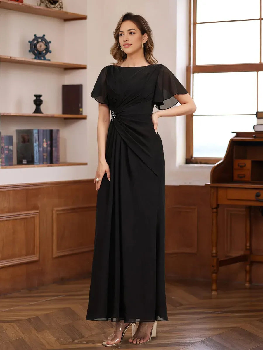 Scoop Neck Half Sleeves Ankle Length Pleated Mother of the Bride Groom Dresses with Beadings