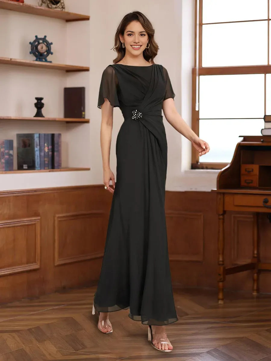 Scoop Neck Half Sleeves Ankle Length Pleated Mother of the Bride Groom Dresses with Beadings