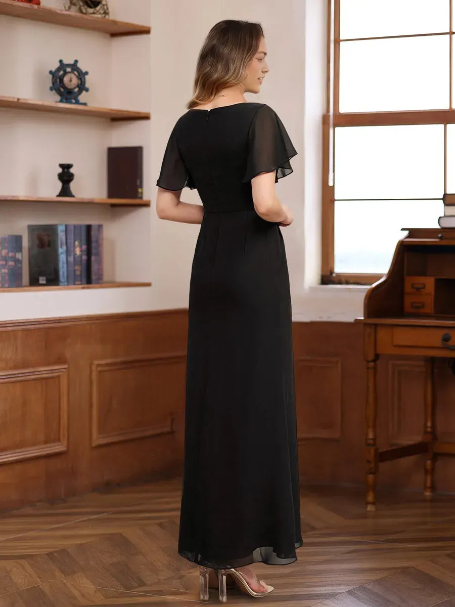 Scoop Neck Half Sleeves Ankle Length Pleated Mother of the Bride Groom Dresses with Beadings