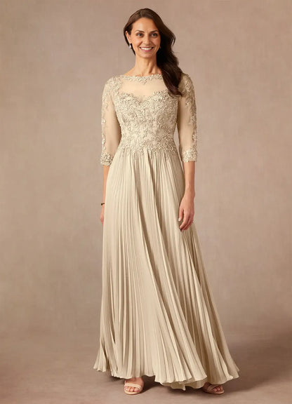 Elegant Champagne Chiffon A-Line Scoop Neck Floor-Length Mother of the Bride Dress