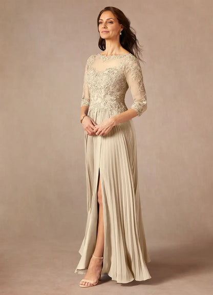 Elegant Champagne Chiffon A-Line Scoop Neck Floor-Length Mother of the Bride Dress