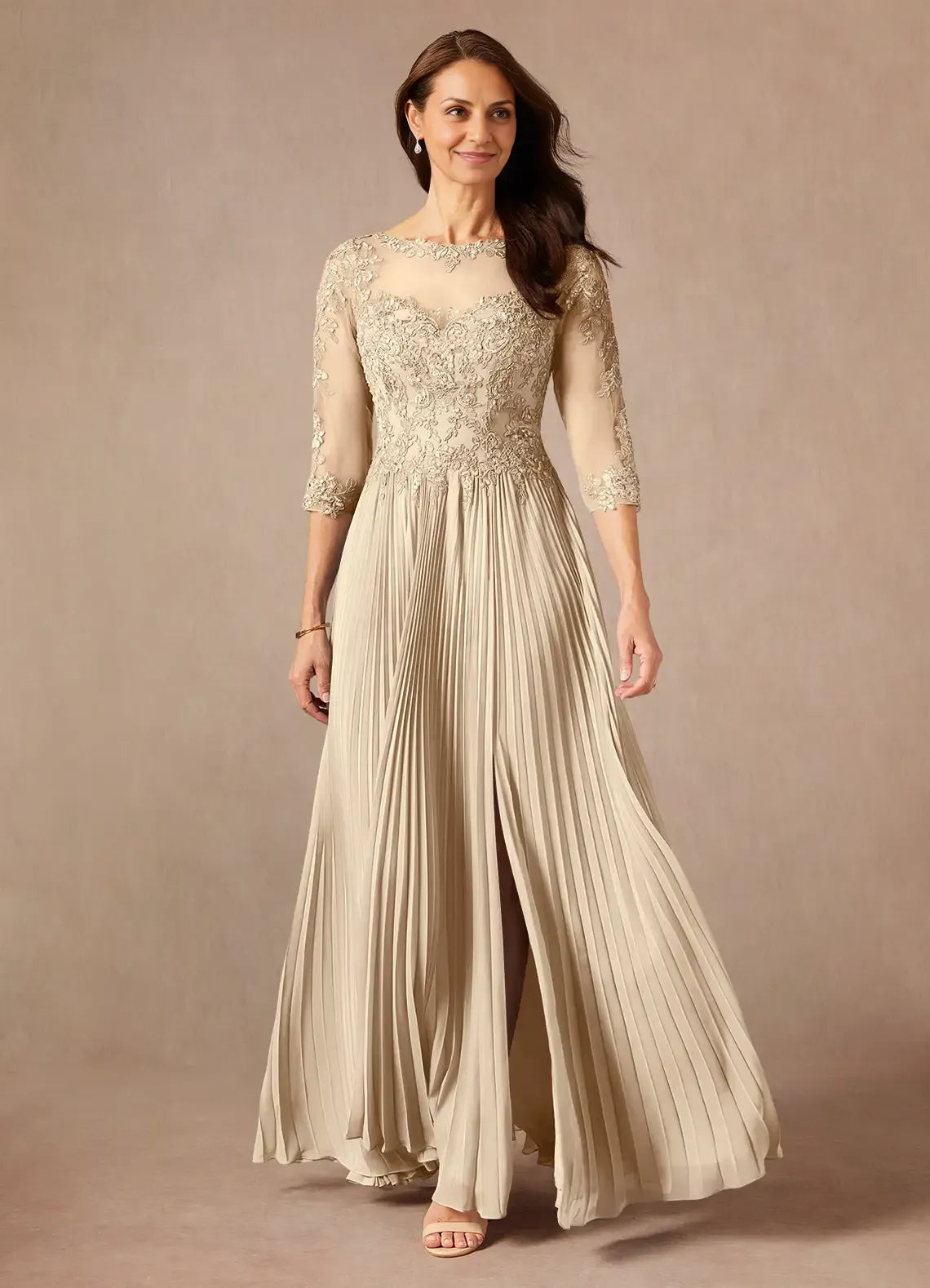 Elegant Champagne Chiffon A-Line Scoop Neck Floor-Length Mother of the Bride Dress