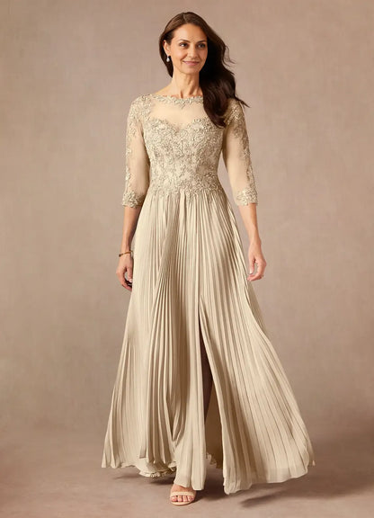 Elegant Champagne Chiffon A-Line Scoop Neck Floor-Length Mother of the Bride Dress