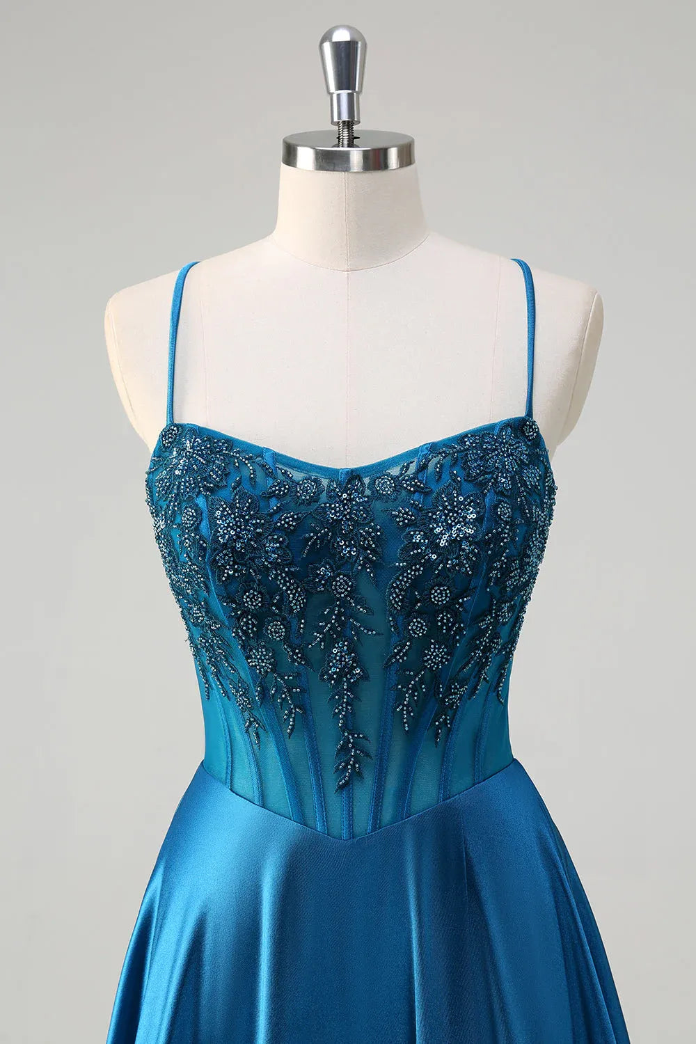 Teal Spaghetti Strap Corset Beaded Train Prom Dress Hot Sale