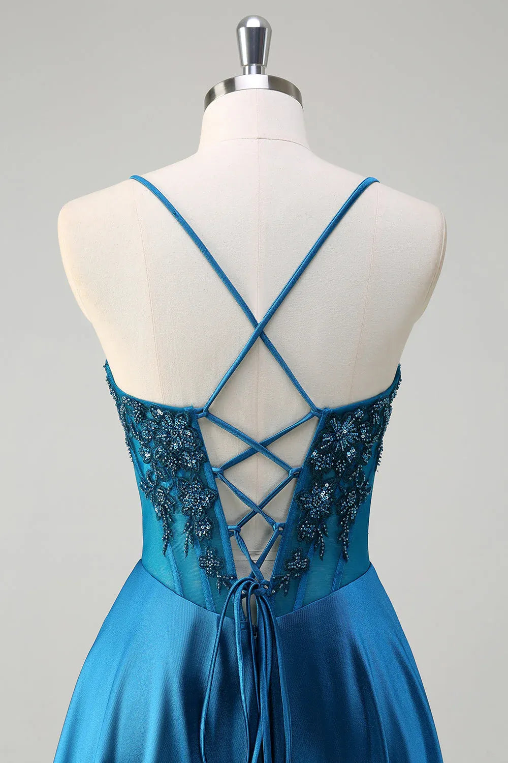 Teal Spaghetti Strap Corset Beaded Train Prom Dress Hot Sale