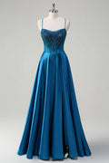 Teal Spaghetti Strap Corset Beaded Train Prom Dress Hot Sale
