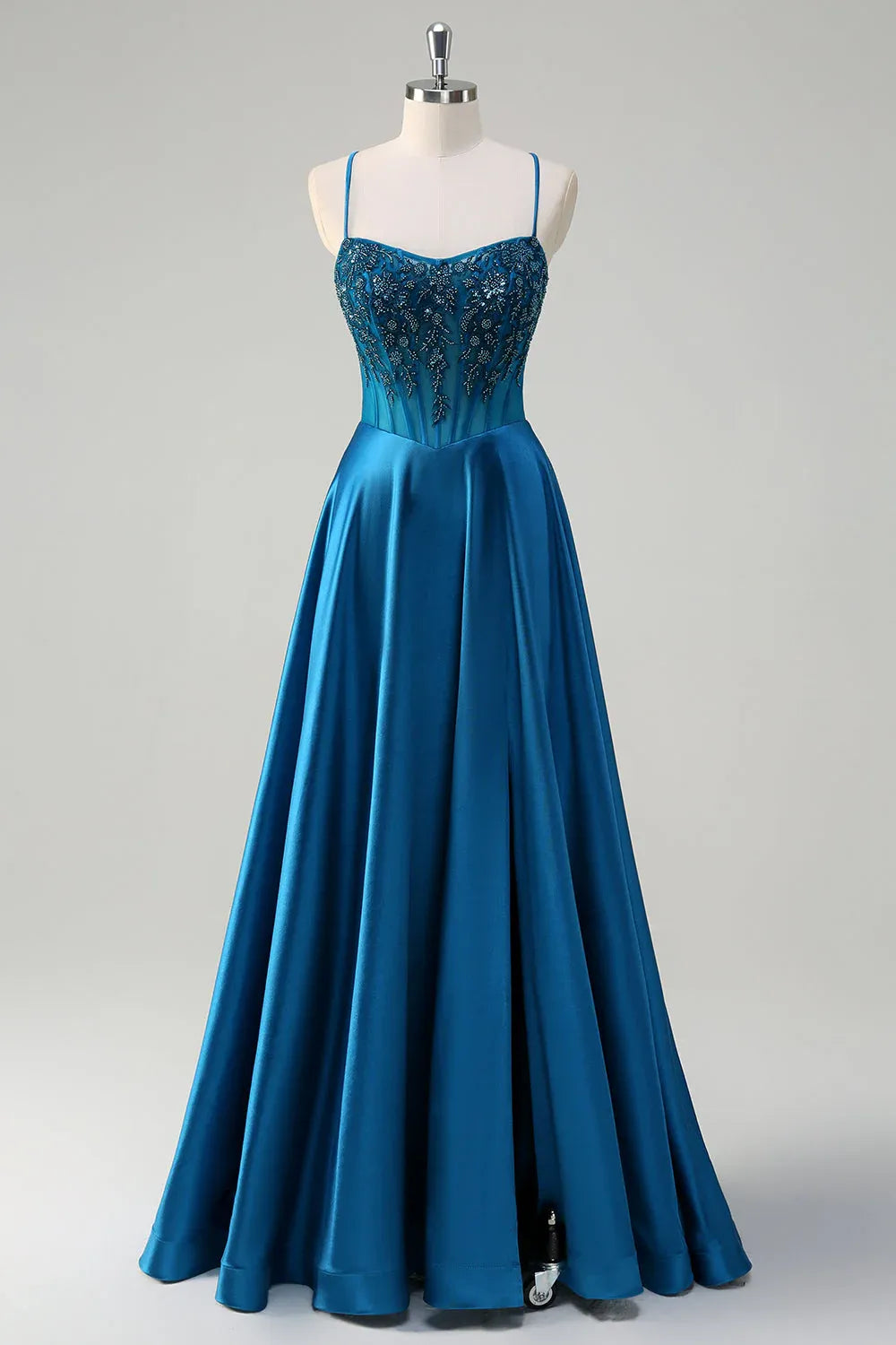 Teal Spaghetti Strap Corset Beaded Train Prom Dress Hot Sale