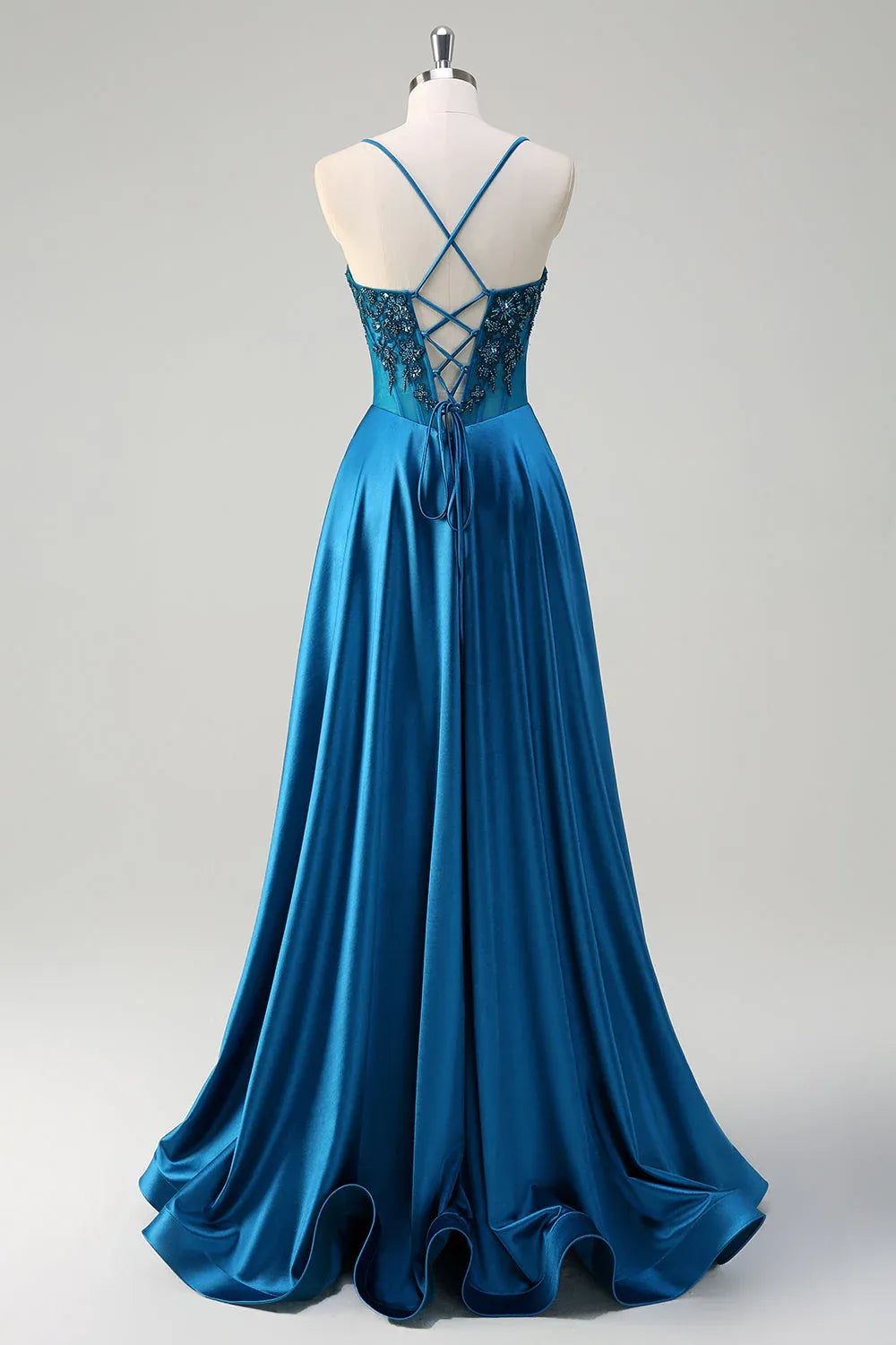Teal Spaghetti Strap Corset Beaded Train Prom Dress Hot Sale