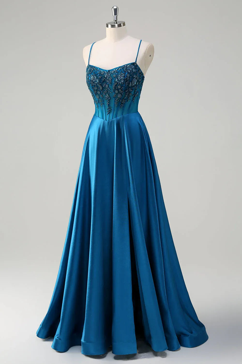 Teal Spaghetti Strap Corset Beaded Train Prom Dress Hot Sale