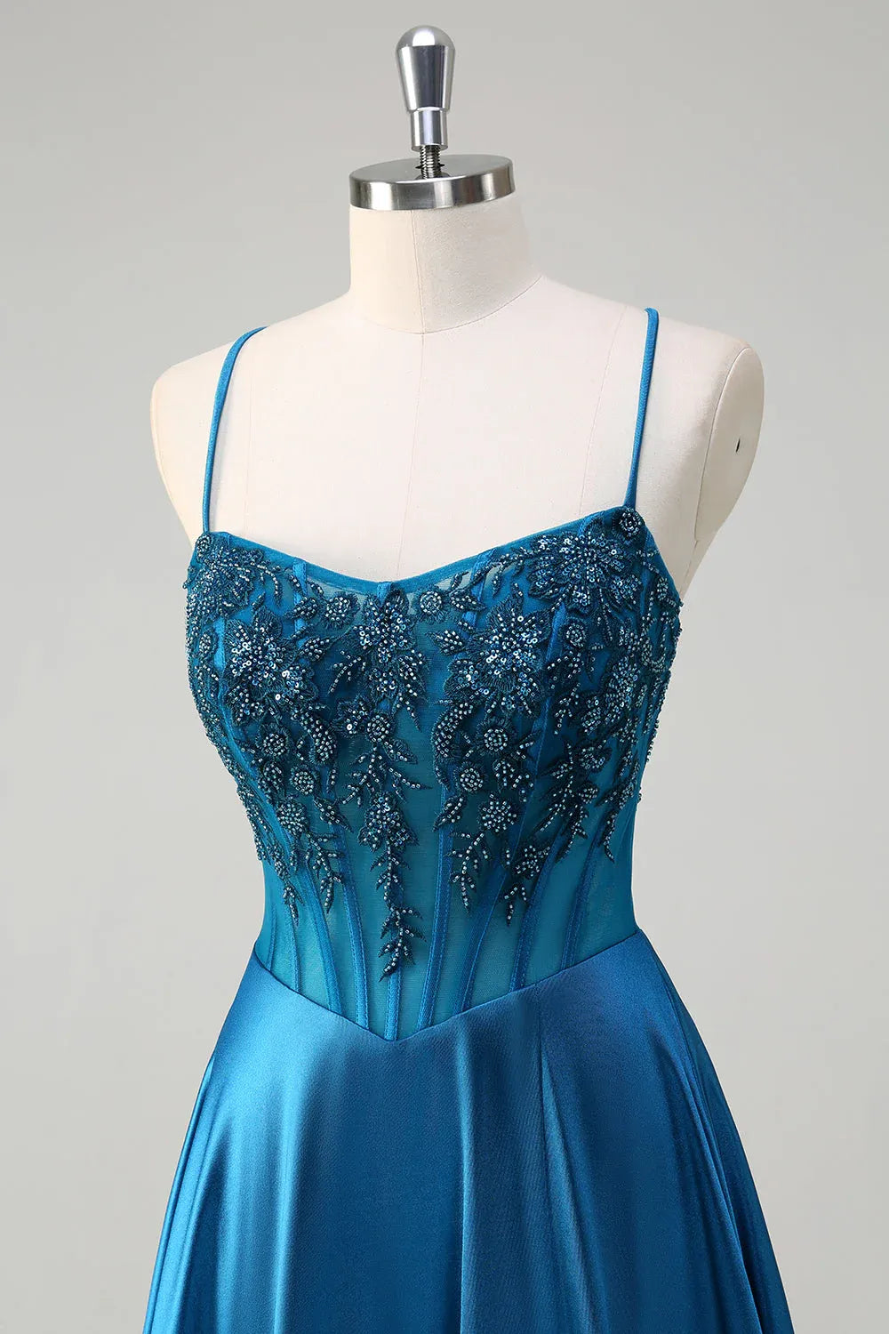 Teal Spaghetti Strap Corset Beaded Train Prom Dress Hot Sale