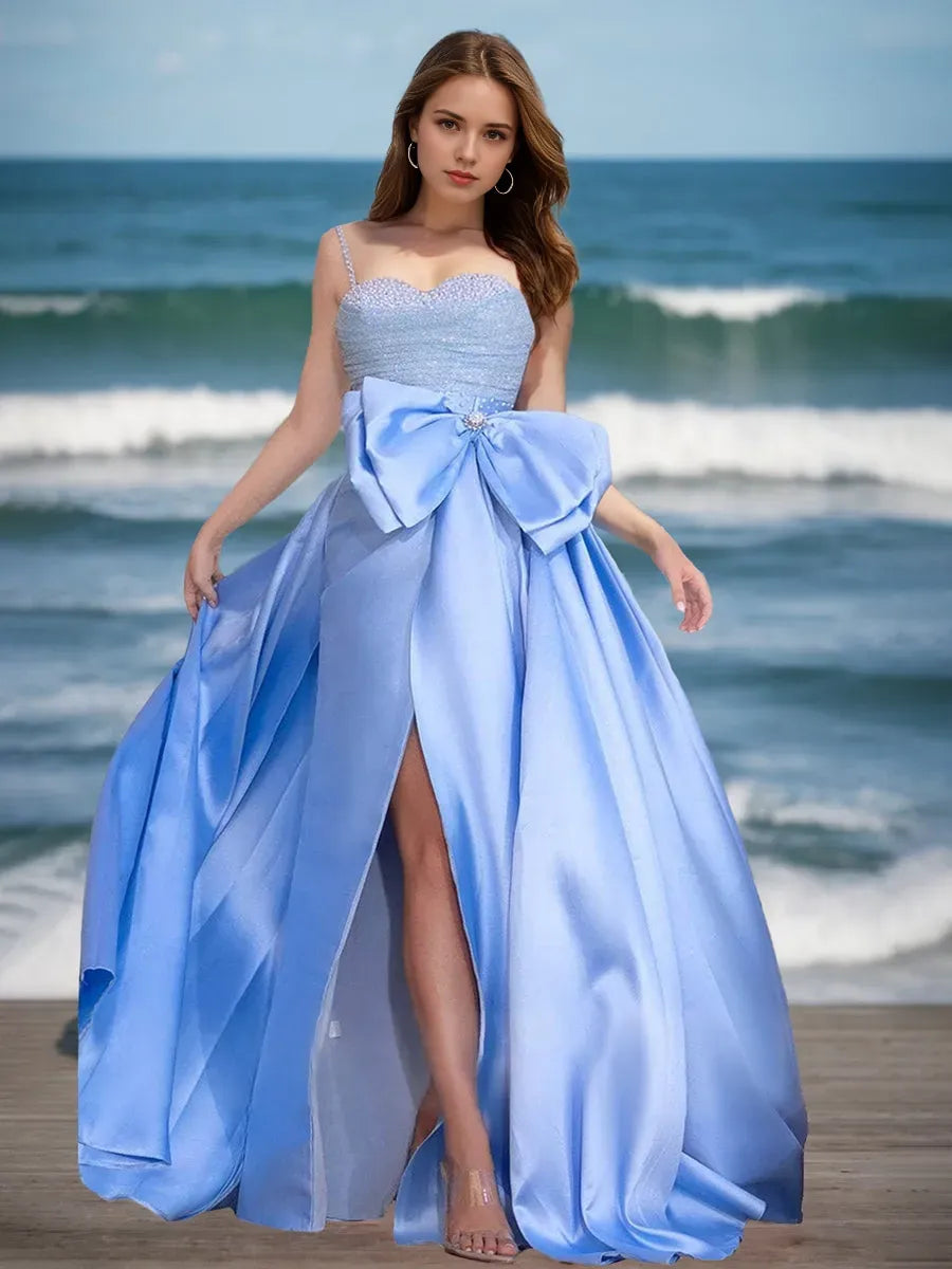 Spaghetti Straps Sleeveless Elegant Prom Dresses with Bow High Split