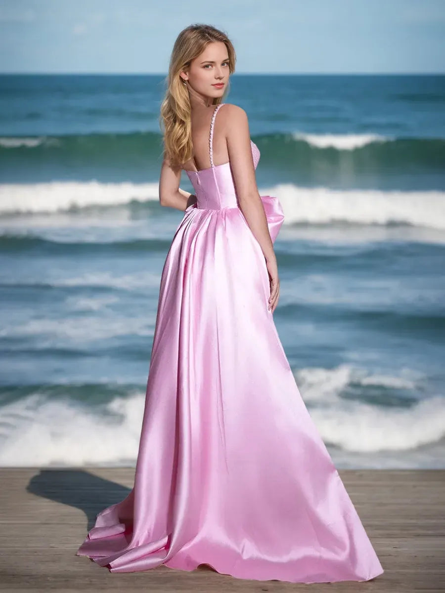 Spaghetti Straps Sleeveless Elegant Prom Dresses with Bow High Split