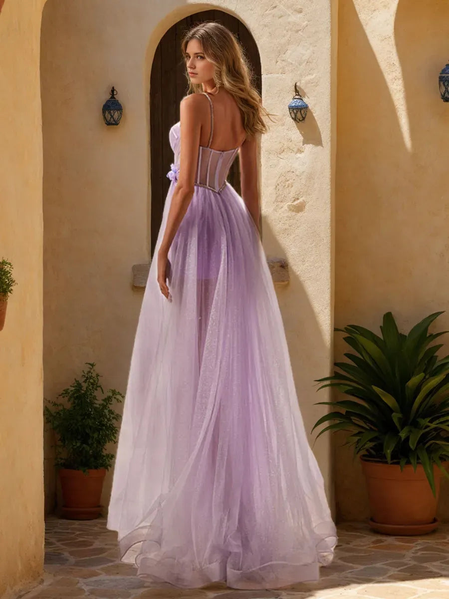 Spaghetti Straps Sleeveless Pleated Long Prom Dresses with Split Side Appliques