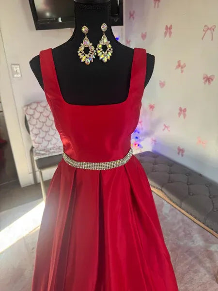Red Square Neck Beaded Long Prom Dress