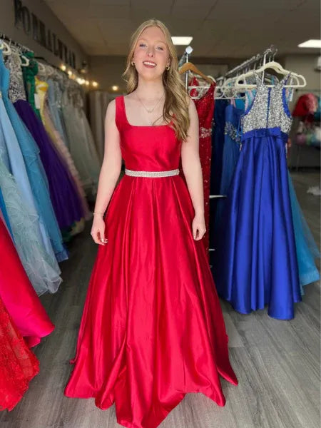 Red Square Neck Beaded Long Prom Dress