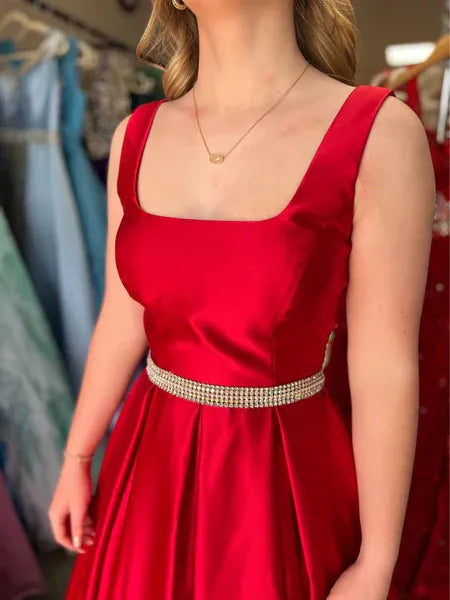 Red Square Neck Beaded Long Prom Dress