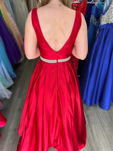 Red Square Neck Beaded Long Prom Dress