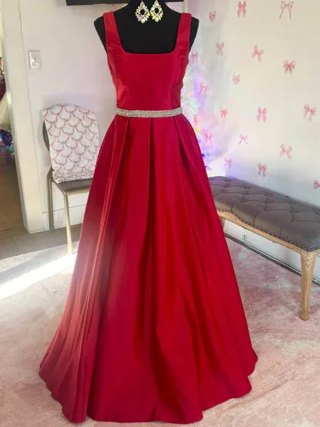 Red Square Neck Beaded Long Prom Dress