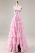 Strapless Corset Tiered Ruffle Blush Maxi Prom Dress With Slit