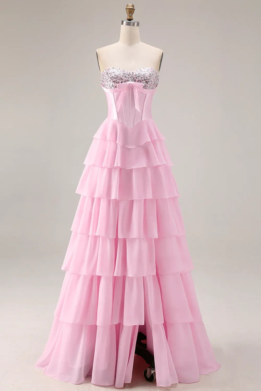 Strapless Corset Tiered Ruffle Blush Maxi Prom Dress With Slit