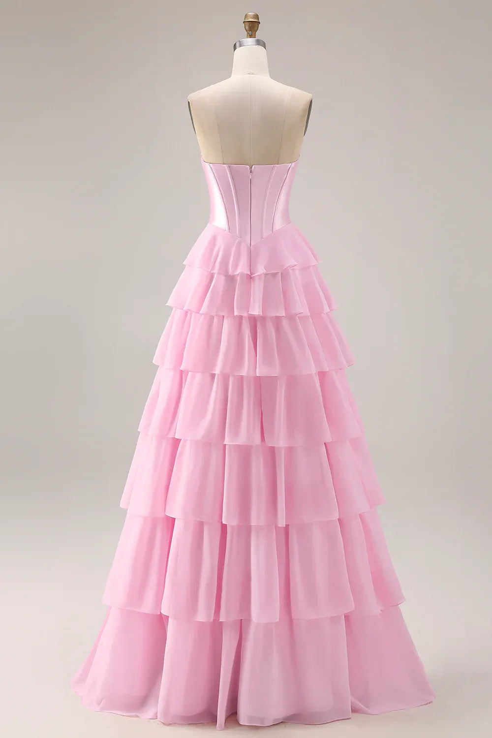 Strapless Corset Tiered Ruffle Blush Maxi Prom Dress With Slit