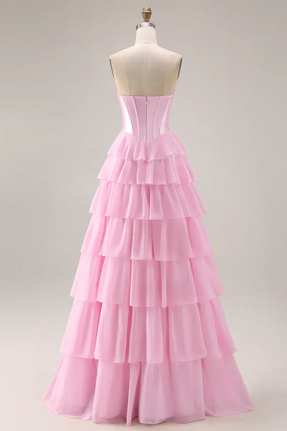 Romantic Red Ruffled A-Line Strapless Classic-Sleeve Lace-Up-Back Floor-Length Prom Dress