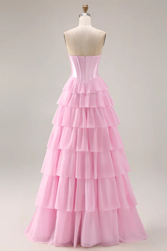 Romantic Red Ruffled A-Line Strapless Classic-Sleeve Lace-Up-Back Floor-Length Prom Dress
