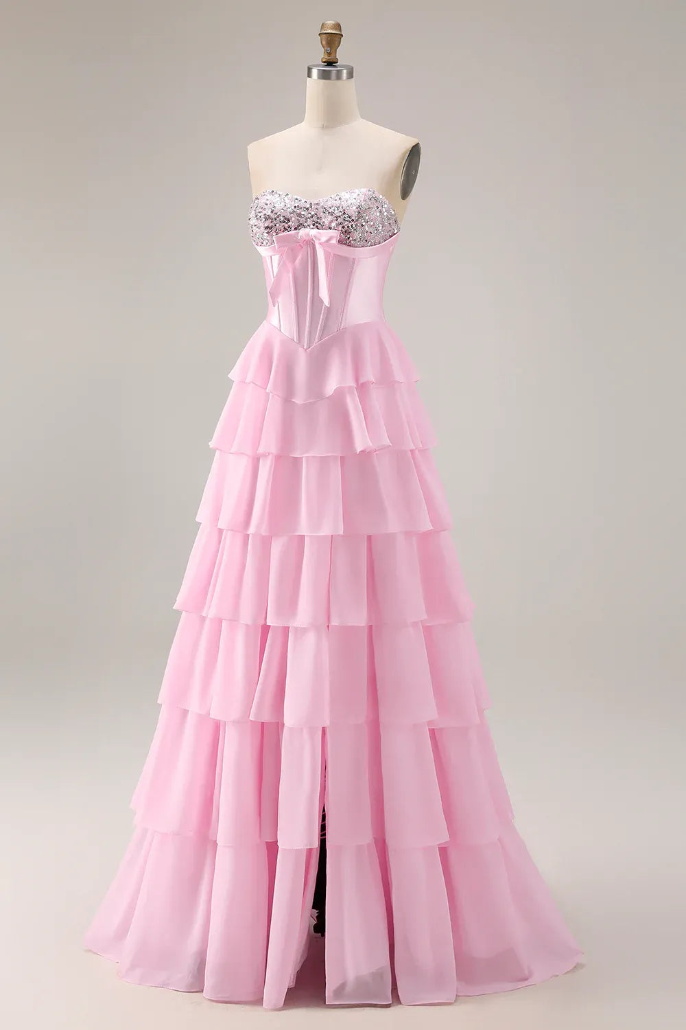 Strapless Corset Tiered Ruffle Blush Maxi Prom Dress With Slit