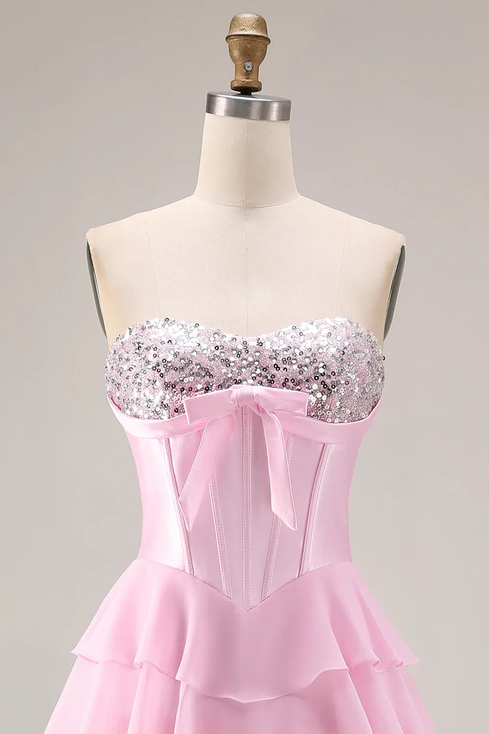 Strapless Corset Tiered Ruffle Blush Maxi Prom Dress With Slit