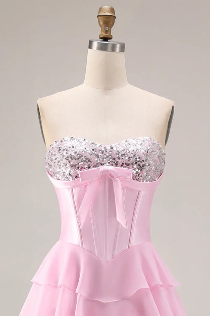 Romantic Red Ruffled A-Line Strapless Classic-Sleeve Lace-Up-Back Floor-Length Prom Dress