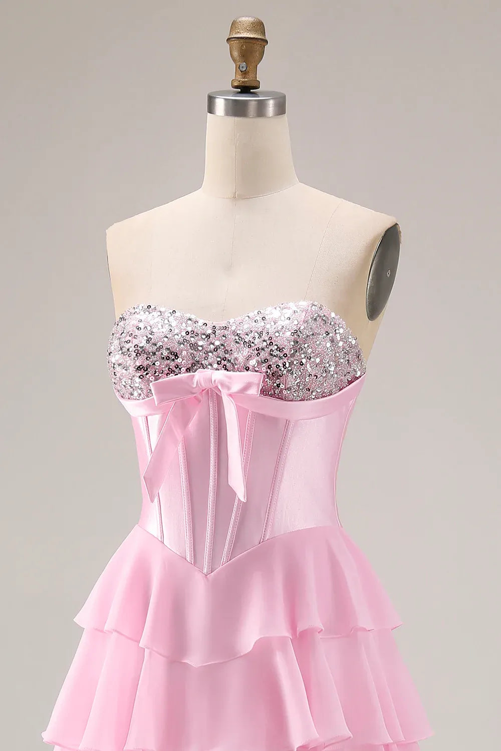 Strapless Corset Tiered Ruffle Blush Maxi Prom Dress With Slit