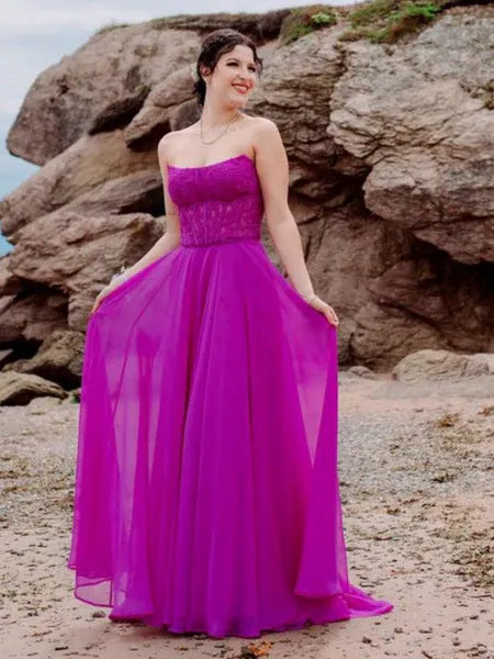 Strapless Applique Fuchsia Long Prom Dress Hot Sale