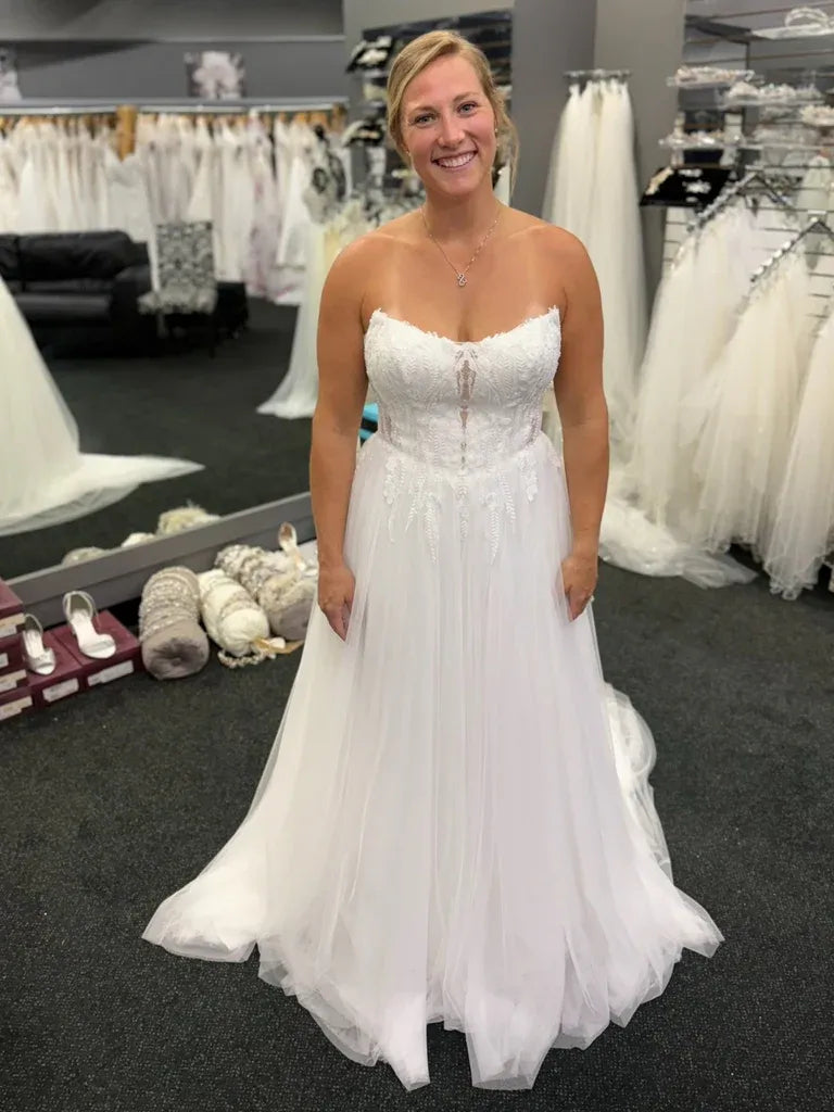 White Strapless Appliqued Floor-Length Wedding Dress