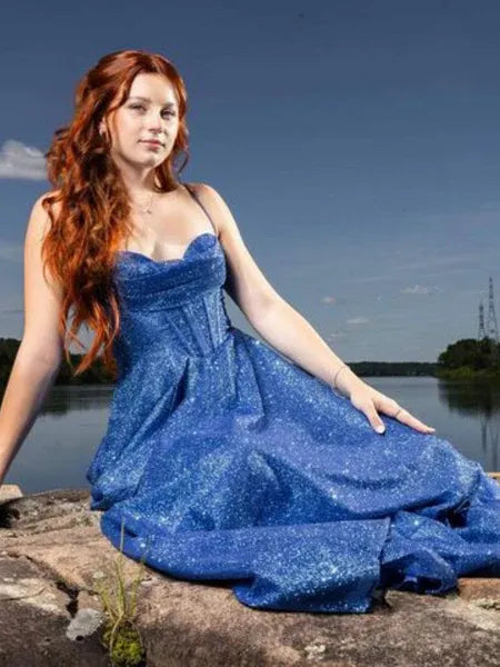 Blue Sweetheart Spaghetti Strap Corset Long Prom Dress Hot Sale