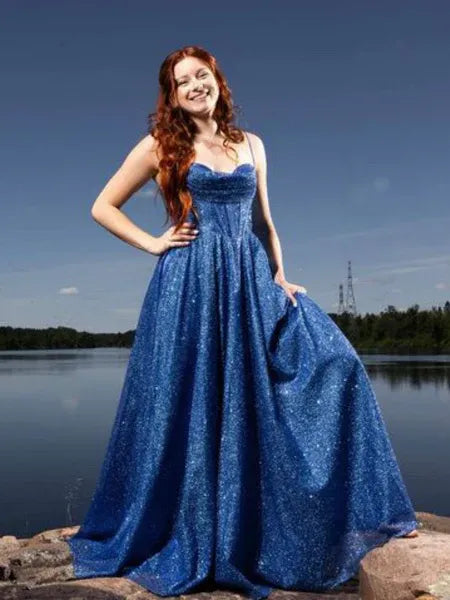 Blue Sweetheart Spaghetti Strap Corset Long Prom Dress Hot Sale