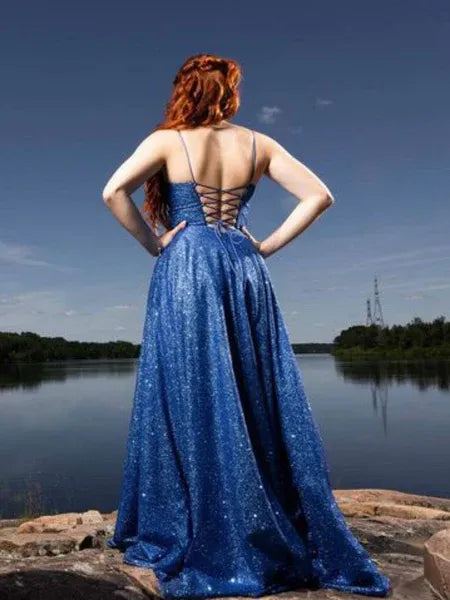 Blue Sweetheart Spaghetti Strap Corset Long Prom Dress Hot Sale