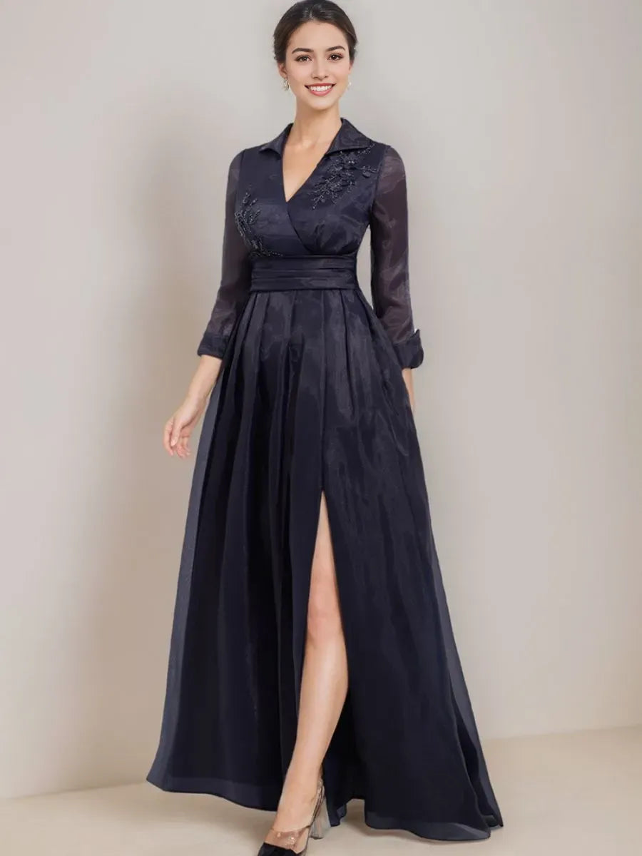 V-Neck 3/4 Sleeves Floor-Length Mother Of The Bride Dresses with Appliques Side Slit