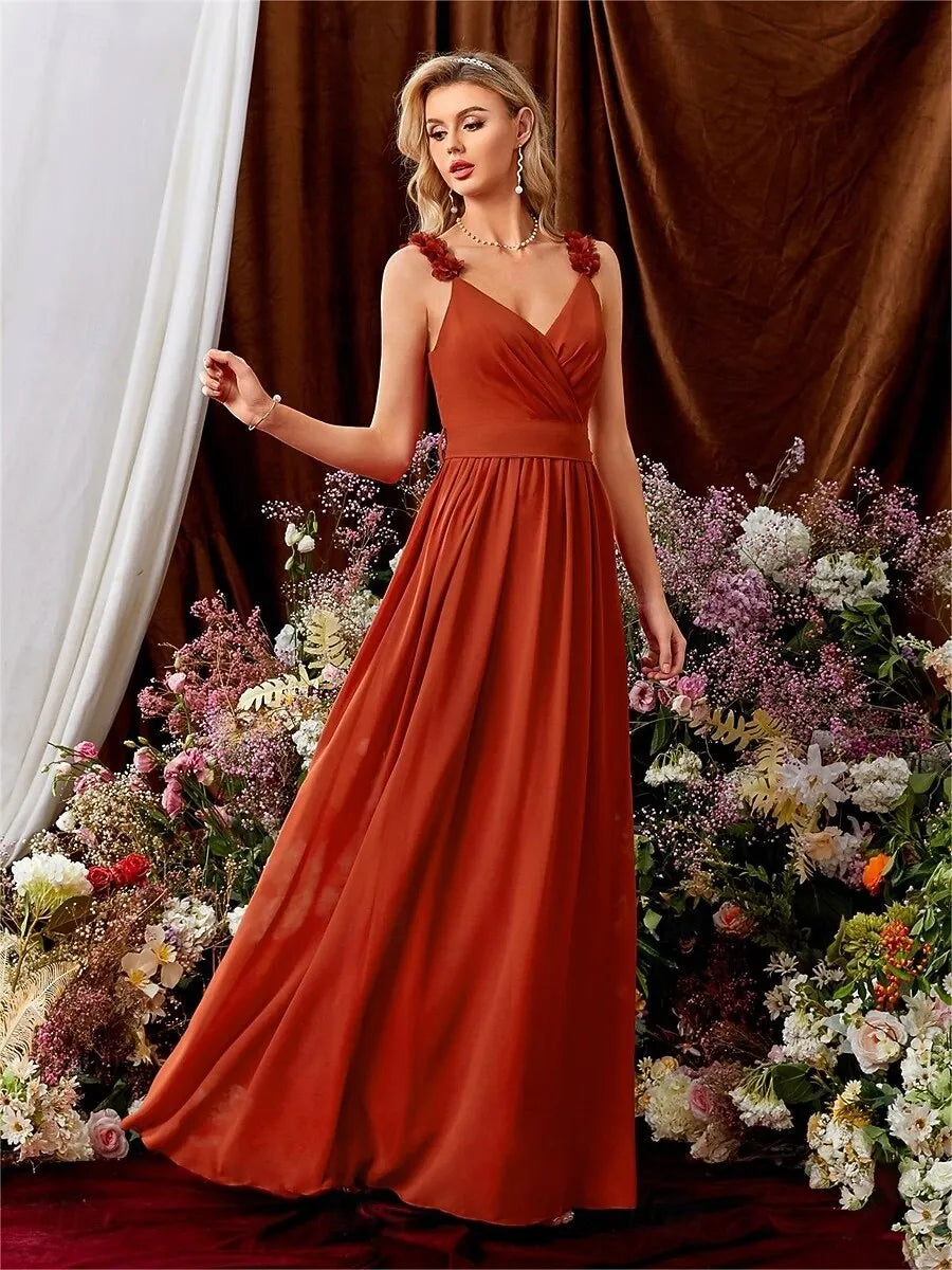 Orange V-Neck Floral Strap Maxi Prom Dress With Tie Back